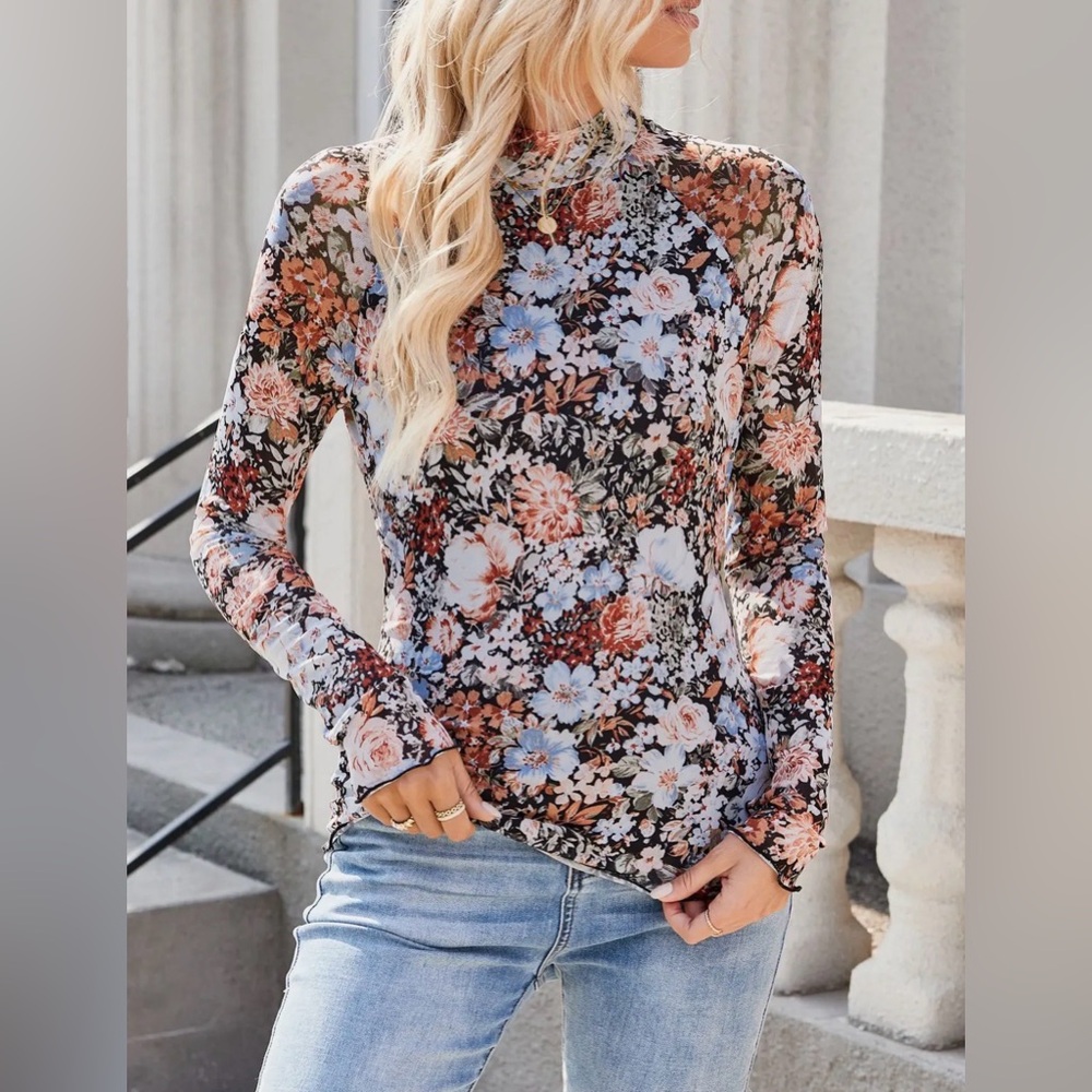 Black Floral Lace Mesh Layering Top